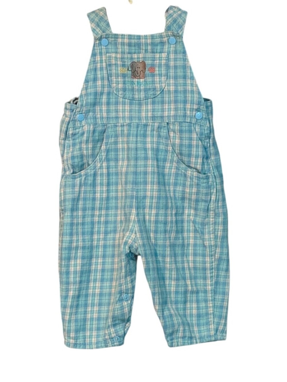 Oshkosh B'gosh Vintage‎ Rare Embroidered Elephant Blue Plaid Flannel Overalls